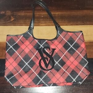 Victoria's Secret Elegant Plaid Tartan Tote Bag with Black Handles